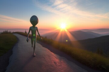 Fototapeta na wymiar alien jogging on scenic mountain trail, with the sunrise in the background, created with generative ai