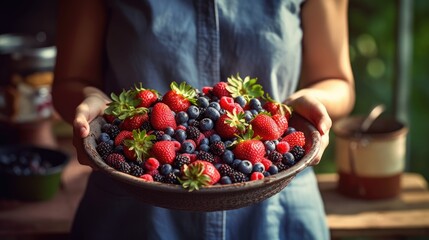 Woman holding fresh berries. Generative AI