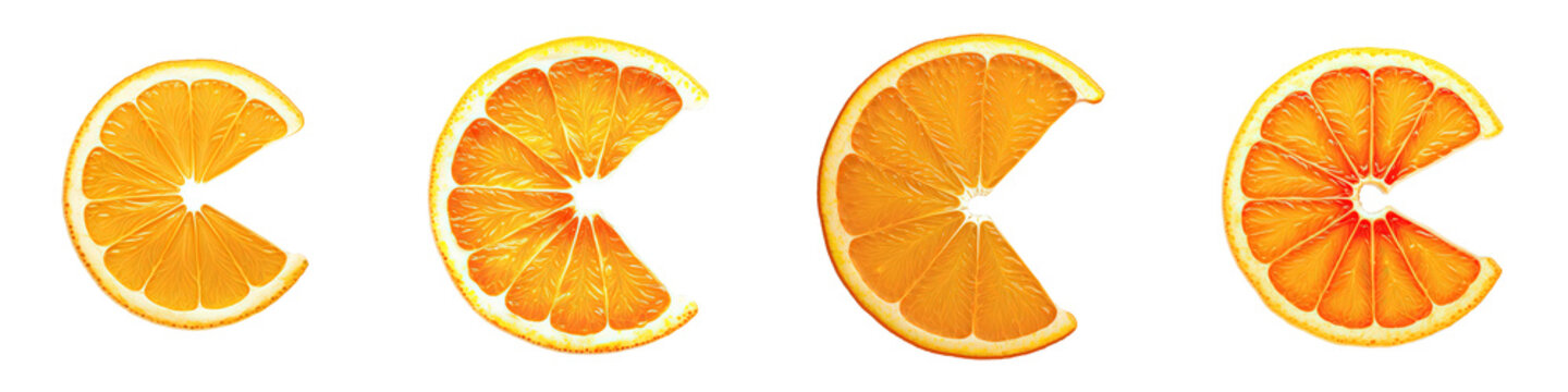 Semi-transparent orange slices shaped as the C letter. C-Shaped. Bundle of four items. Ideal for work compositions related with C-Vitamin, wellness, health. Generative AI.