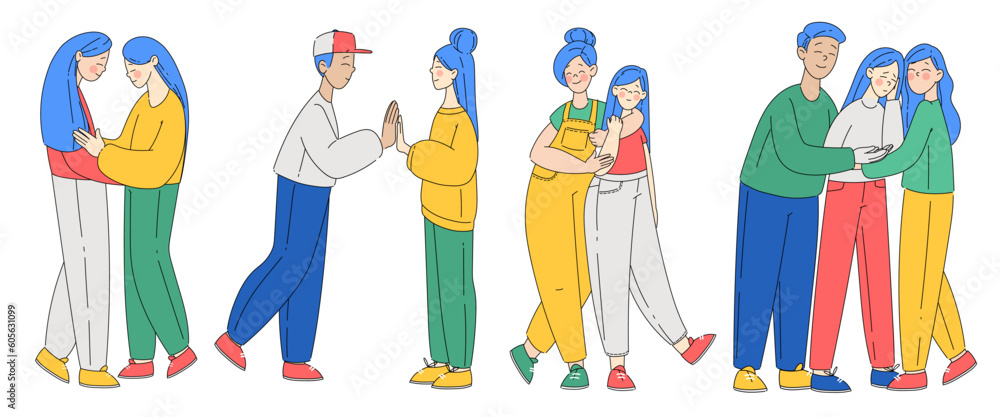 Poster people characters comforting touching and hugging each other warmly vector set