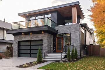 Innovative Double Garage Dwelling with Natural Stone Porch and Dark Gray Siding, generative AI