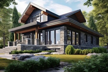 New Innovative Dwelling with Double Garage, Dark Blue Siding, and Natural Stone Porch Design, generative AI