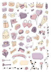 Vector illustration of doodles, hand-drawn on the theme of love for decoration on a white background. Various elements with color decor for postcards, posters, templates. Isolated vector elements.