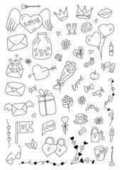 Vector illustration of doodles on the theme of love for decoration on a white background. Various elements for postcards, posters, templates. Isolated vector elements.