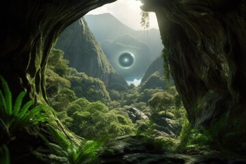 close-up of alien's eye, looking at lush and verdant landscape, created with generative ai