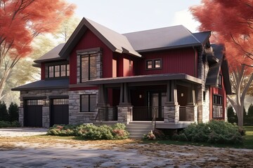 New Development Dwelling with Innovative Aesthetic, Double Garage and Natural Stone Porch on Burgundy Siding, generative AI