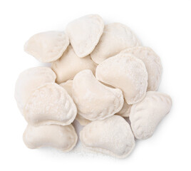 Fototapeta na wymiar Heap of raw dumplings (varenyky) with tasty filling on white background, top view