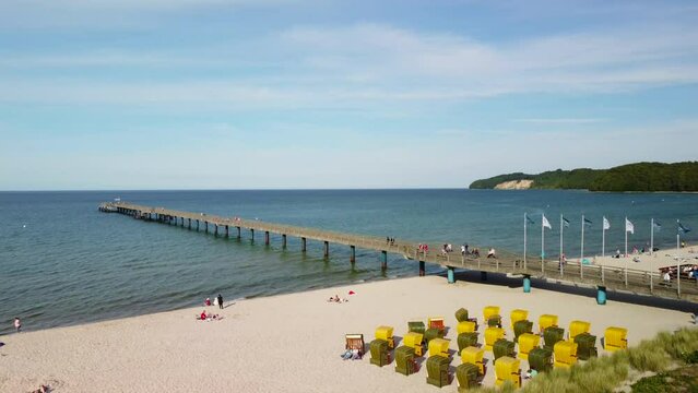 Launching Drone, shot from the beautiful sand beach of the seaside resort Binz, located on the Ruegen Island in Germany