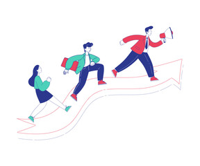 Fototapeta premium People Leader Characters Moving Forward Along Arrow Achieving Goals Vector Illustration