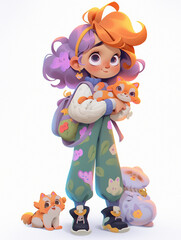 A cartoon character with a purple hair and a purple cat on her shoulder.