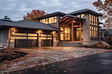 Obraz premium Cutting-Edge Edgy Development Property with Three-Car Garage and Natural Stone Accents, generative AI