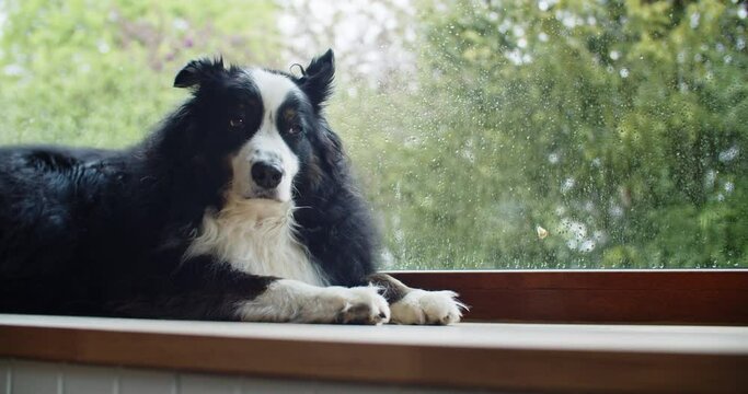 Wide shot of a cute Australian shepherd sitting at the window on a rainy day. Rack focus to the background revealing a garden. Dog lying down at the end.