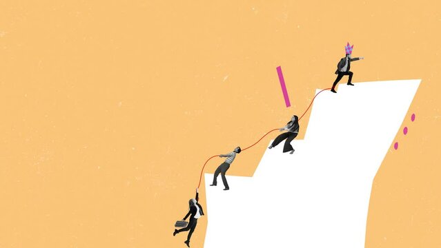 Support. Contemporary art collage. Motivated and concentrated employees in motion, action. Concept of teamwork, professional growth and promotion
