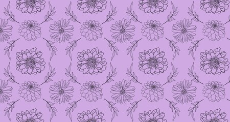 Seamless pattern of flowers and leaves against a purple background