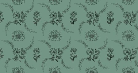Seamless pattern of flowers and leaves against a green background