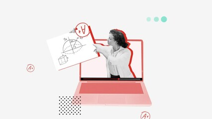 Young girl, student successfully passing math test, presentation online. Concept of education, online studying, knowledge development, information - Powered by Adobe