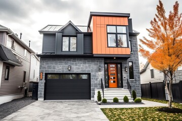 Innovative Features and Eye-Catching Design: A New Development House with Single Car Garage, Natural Stone Entrance, and Vibrant Orange Siding, generative AI