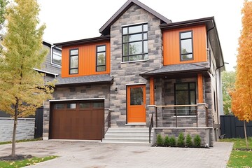 Obraz premium Innovative Features! Eye-Catching New Development House with Single Car Garage, Natural Stone Entrance and Burnt Orange Siding, generative AI
