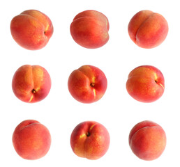 Set of fresh peaches on white background