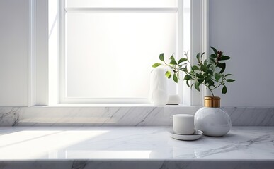 Fototapeta premium Modern Marble Kitchen Counter for product in a Contemporary Home