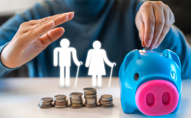 Hand with family love care protect senior and elderly, elder and coin with piggybank saving money...