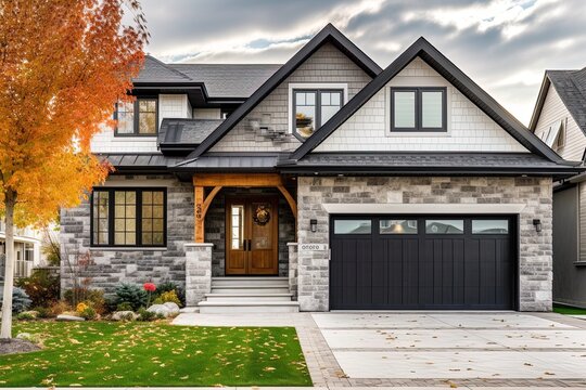 Innovative Features and Natural Stone Entrance: A Stunning New Development House with Light Gray Siding and Single Car Garage, generative AI