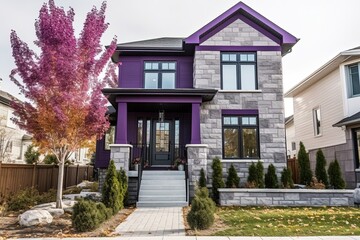 Innovative Features and Stunning Design: A Look Inside a Eye-Catching New Development House with Purple Siding, Natural Stone Entrance, and Single Car Garage, generative AI