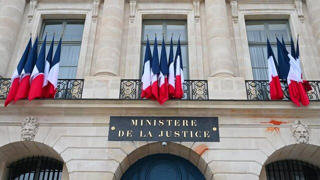 Paris, France: Ministry of justice. Building in city centre. French flags in front of headquarter on Place Vend&ocirc;me. 