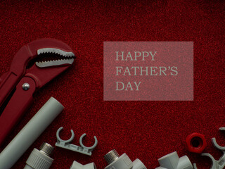 Construction tools as a gift on red background with copy space. Construction greeting card for Fathers day. Repair home. Gifts for Dad. Buying presents for father. Installation of a water system