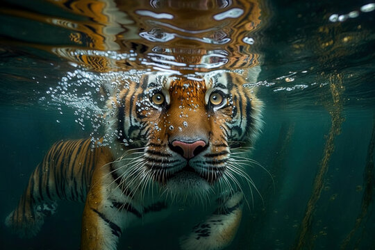  A tiger swimming in water. Underwater image. Created using Generative AI
