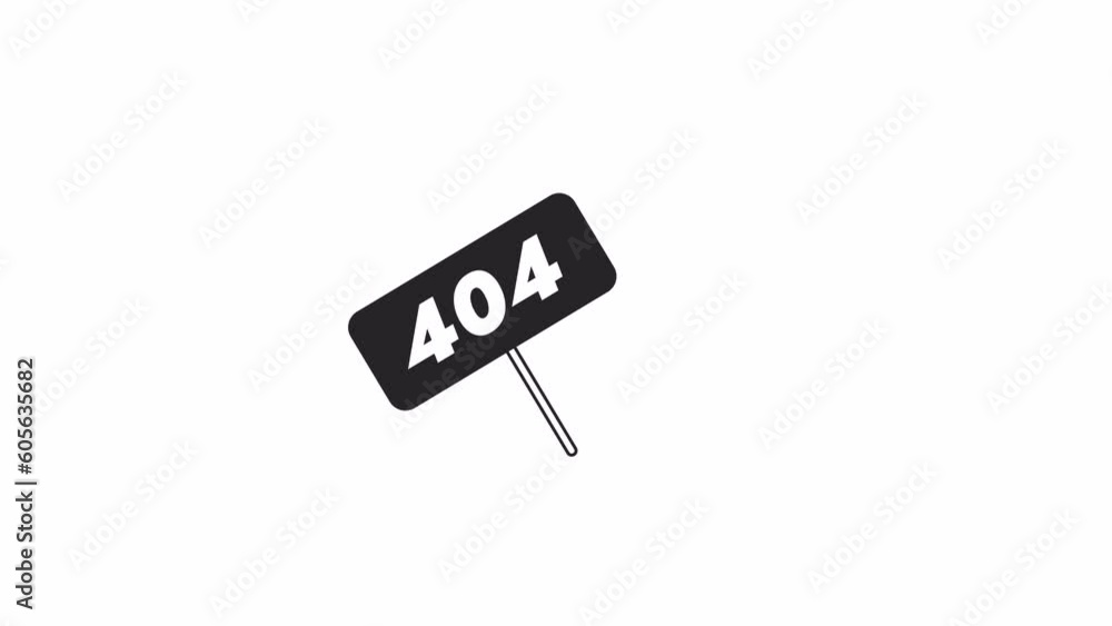 Poster animated bw sign on stick 404 error. wooden signboard waving animation. empty state 4k video concept