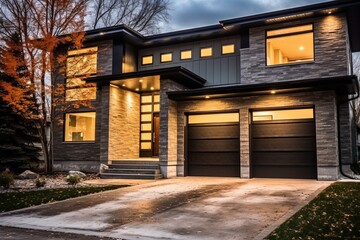 Dark Green Siding and Natural Stone Details Accentuate Sleek Architecture of Fashionable Residence with Two-Car Garage, generative AI