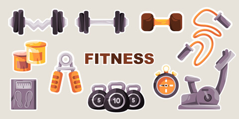 workout training fitness gym body building heavy lifting equipment object collection set illustration sticker style such as barbell and kettle ball