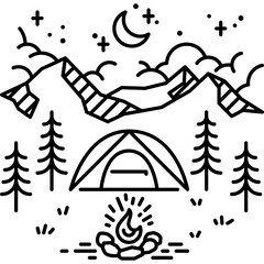 bonfire camping scene monoline illustration for decoration, website, web, mobile app, printing, banner, logo, poster design, etc.