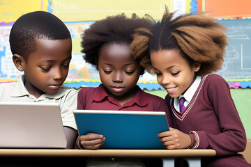 school children a boy and a girls of African origin enjoying a laptop and a smart tablet in a classroom. (AI-generated fictional illustration)

