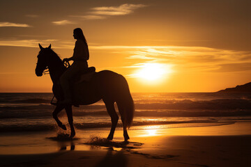 Silhouette of woman riding on horse at beach during sunset. Generative AI illustration