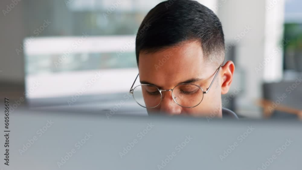 Poster focus, computer reading and business man working on a seo and web proposal for tech. office work, st