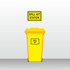 Spill kit station facility vector illustration for industrial or manufacturing. Yellow standing trash box with signage.