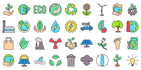 Color Linear ecology icons. Eco friendly related icon set in minimal style.