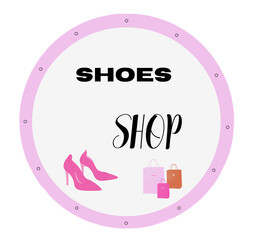 Pink and white circle icon with text SHOES SHOP, png