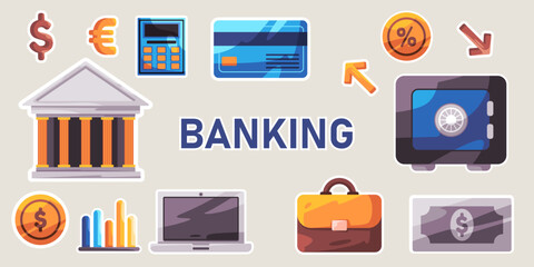 Banking financial economy sector icon set sticker illustration of finance worker symbol of wealth and money
