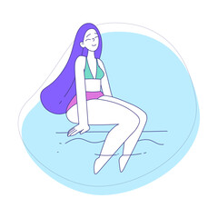 Woman Character at Beach Sunbathing Sitting Splashing in Pool Water Vector Illustration