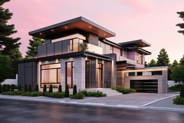 Contemporary Design Property with Three-Car Garage, Natural Stone Accents, and Eye-Catching Pink Siding, generative AI