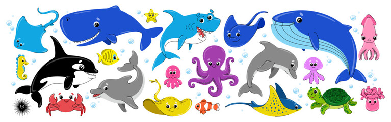 Vector cartoon sea and ocean animals. Set of cute marine characters. Underwater life. Illustration of funny fish, turtle, dolphin, whale and other. Doodles of wild swimming creatures in childish style