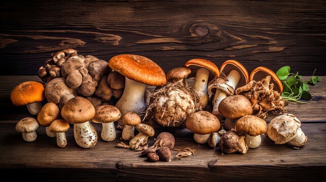 Mushrooms on rustic wooden table. Dark wooden background. Generative ai