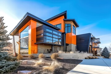 Contemporary Design Meets Futuristic Style: A Brand New Property Featuring a Three-Car Garage, Striking Orange Siding, and Natural Stone Accents, generative AI