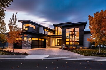 Contemporary Design meets Futuristic Features: A New Property with Three-Car Garage, Dark Gray Siding, and Natural Stone Accents., generative AI