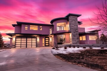 Contemporary Design with Natural Stone Accents and Three-Car Garage in Futuristic New Property with Pink Siding, generative AI