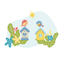 couples of birds sitting on birdhouse. Nice elements for scrapbook, greeting cards, invitations