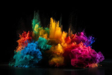 Naklejka na ściany i meble Explosion of colored powder on black background, Generative ai
